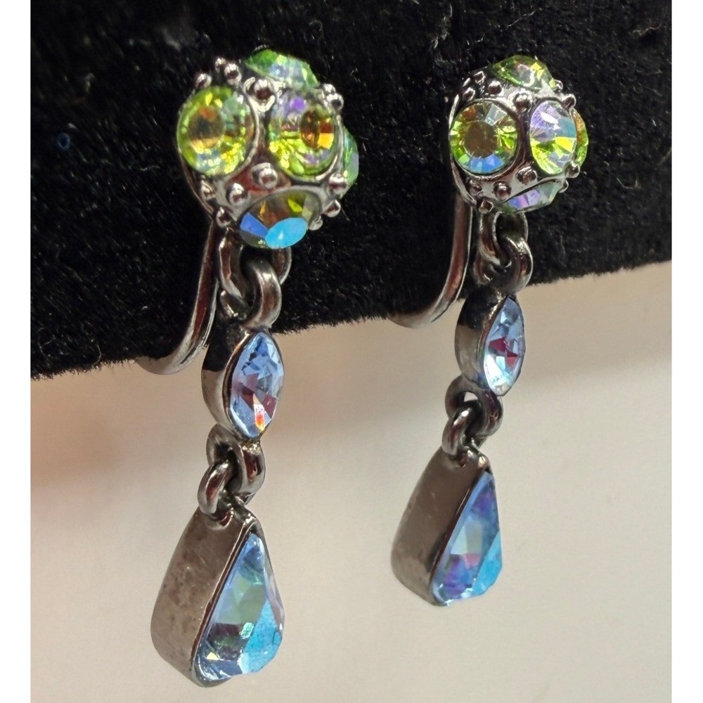 Givenchy Vintage Iridescent Crystal Drop Screw Back Earrings Gunmetal Blue Green - Picture 3 of 8